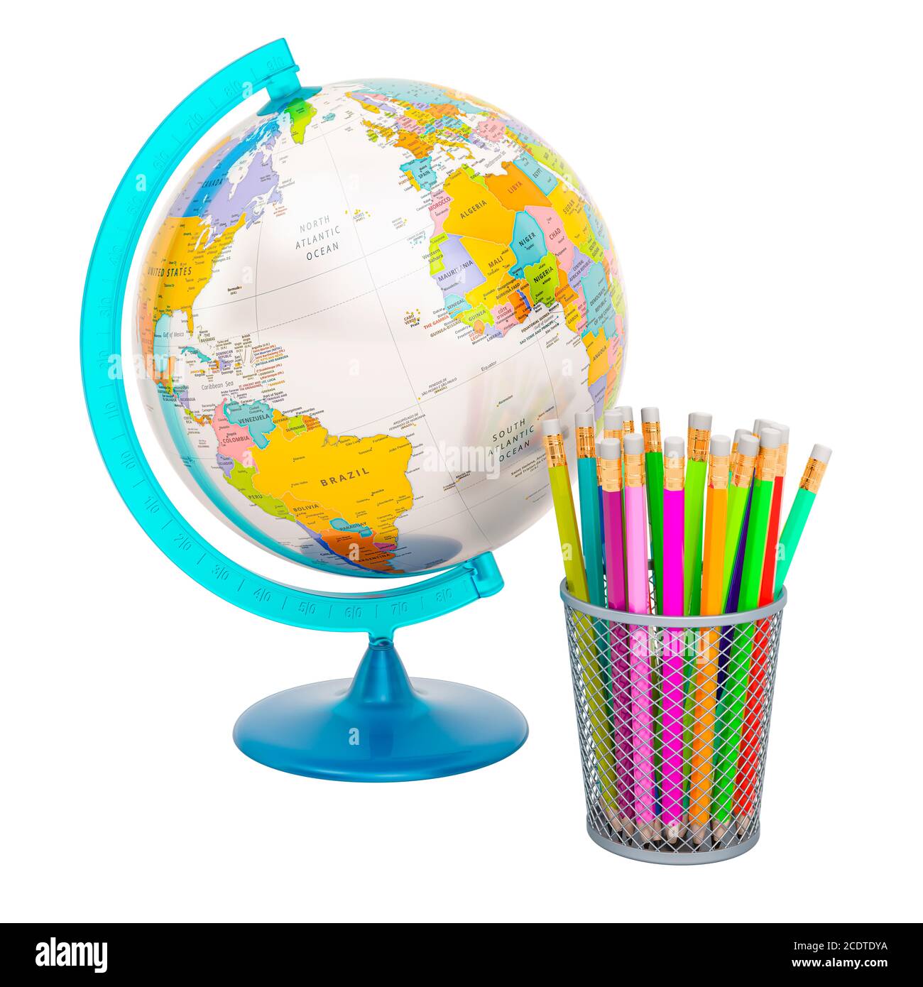 Mondo politico Globe e matite colorate in titolare. Ritorno a scuola, concetto di istruzione. Rendering 3D isolato su sfondo bianco Foto Stock