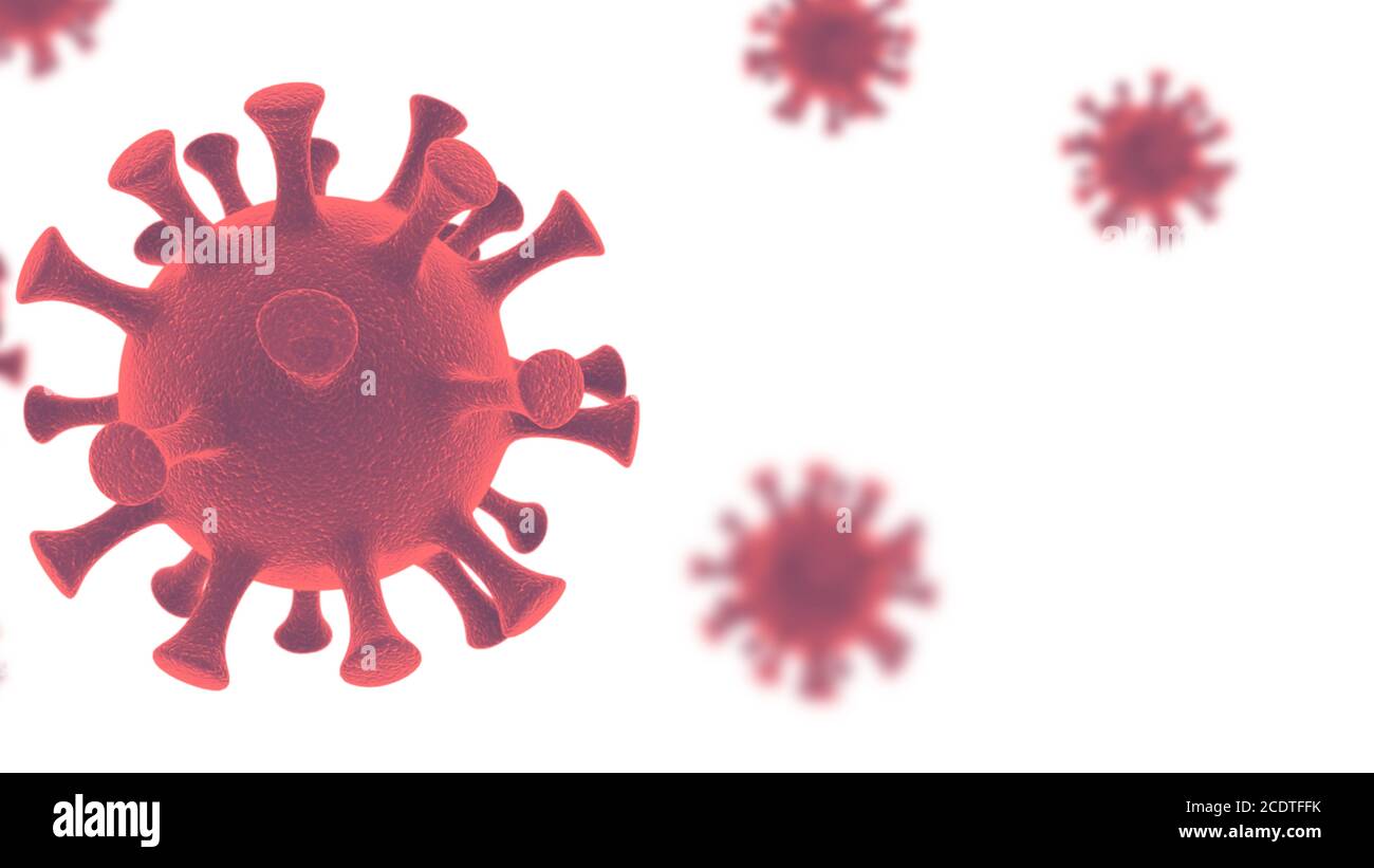 Cellule del virus COVID-19 al microscopio. Coronavirus Covid-19 epidemia di influenza isolato su sfondo bianco.Pandemic salute medica 3D rendere Foto Stock