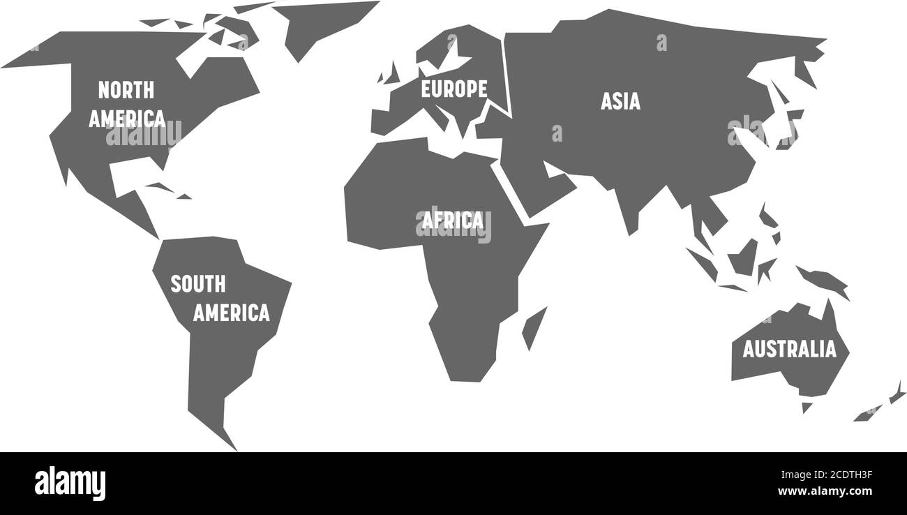 Silhouette grigia semplificata della mappa mondiale divisa in sei continenti. Semplice illustrazione vettoriale piatta su sfondo bianco. Illustrazione Vettoriale