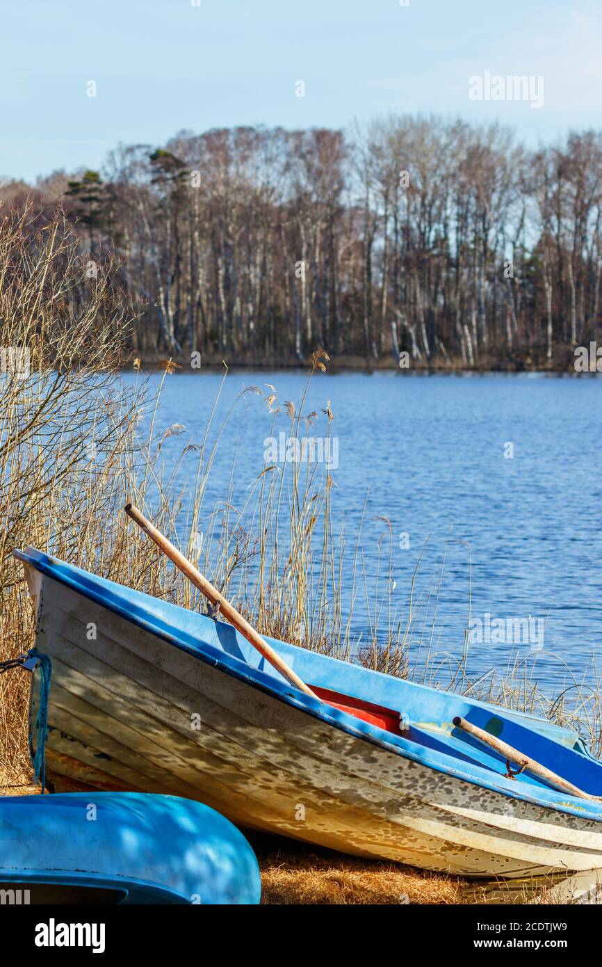 Barca a remi sulla riva di un lago in primavera Foto Stock