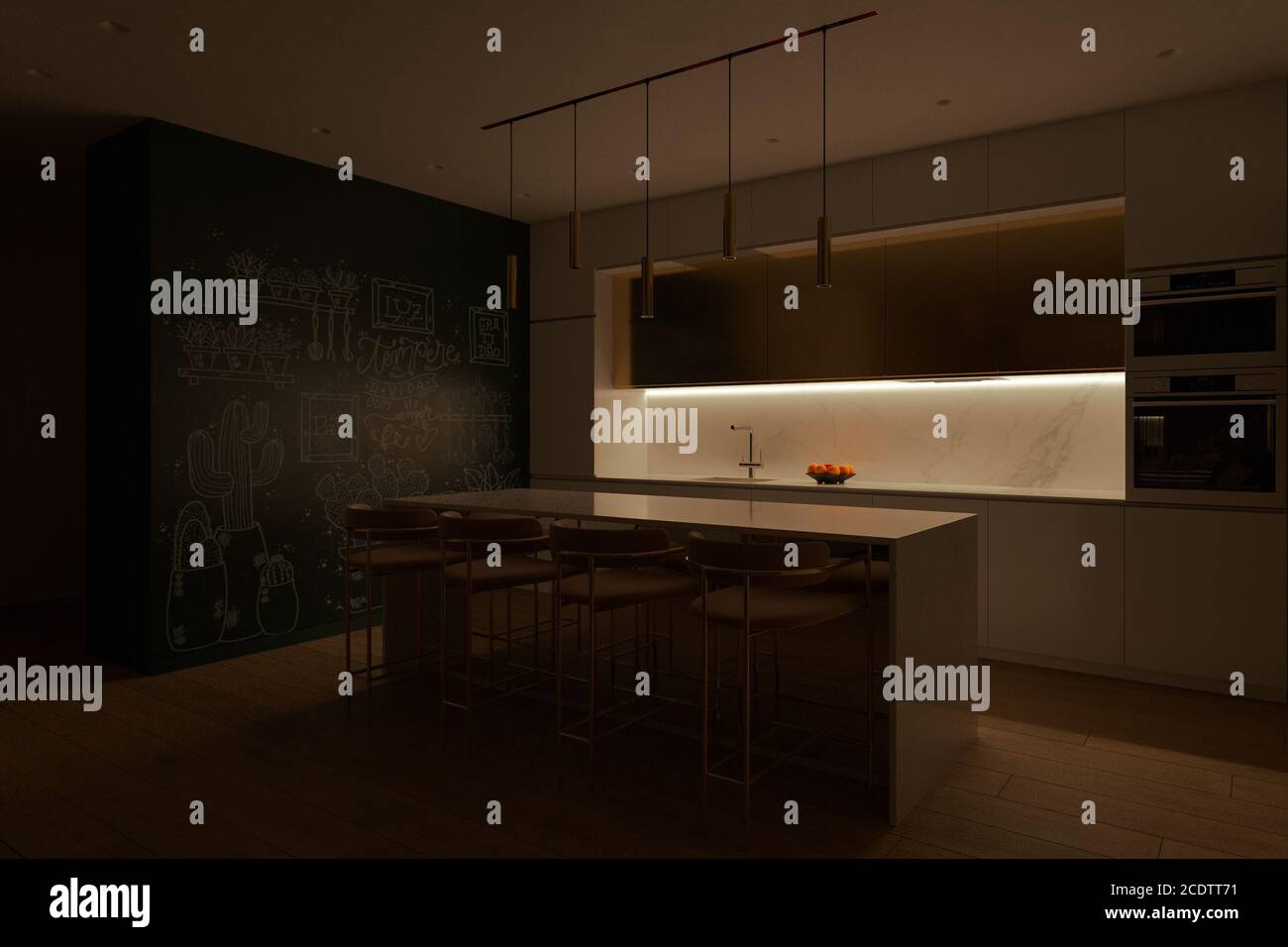 Rendering 3D di una cucina con illuminazione a LED e isola di cottura. Interni con cucina in stile moderno. Cucina dal design minimalista Foto Stock