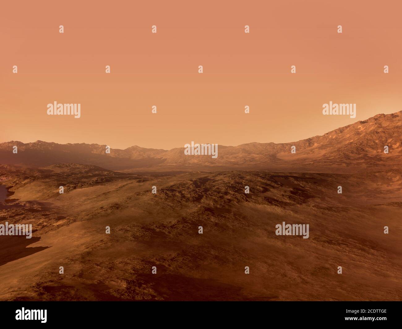 Rendering 3D del paesaggio Marte con un terreno roccioso rosso, per fantascienza o sfondi di esplorazione spaziale. Foto Stock