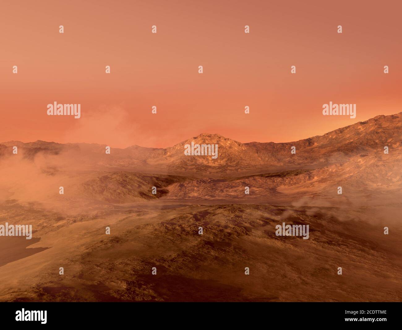3D rendering Marte paesaggio con un terreno roccioso rosso coperto di nebbia, per fantascienza o sfondi di esplorazione spaziale. Foto Stock