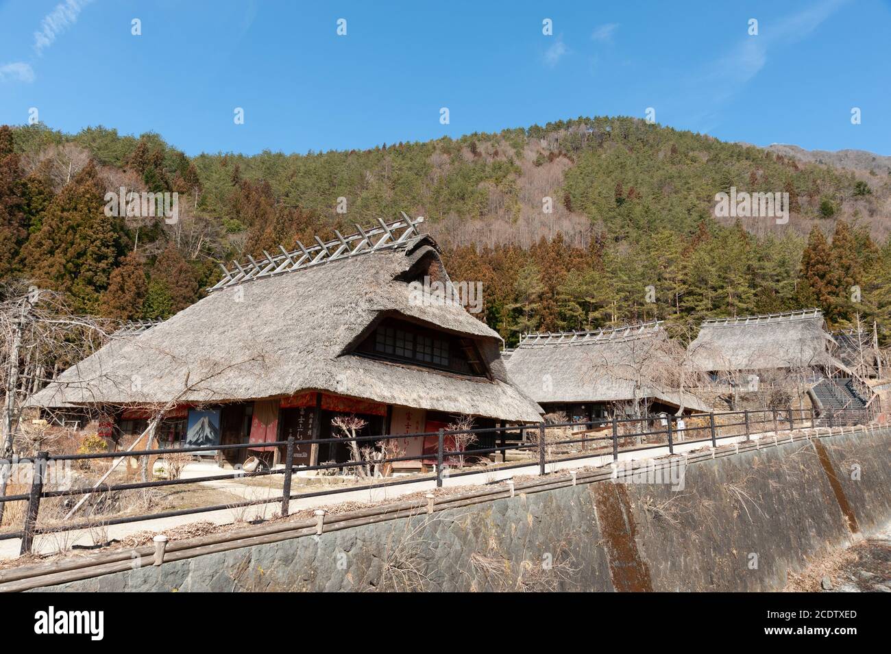 Case sul tetto di paglia nel vecchio villaggio giapponese chiamato Saiko Iyashino-Sato Nenba (Villaggio di guarigione). Situato sulla riva occidentale del Lago Sai. Foto Stock