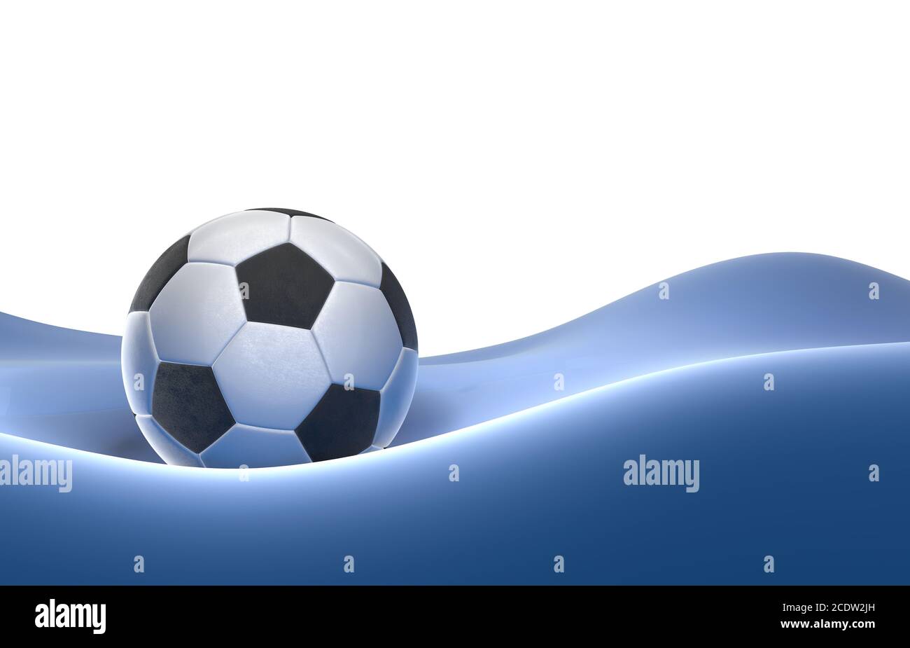 Red Soccer-ball isolata sulla collina blu sullo sfondo 3d illustrazione Foto Stock