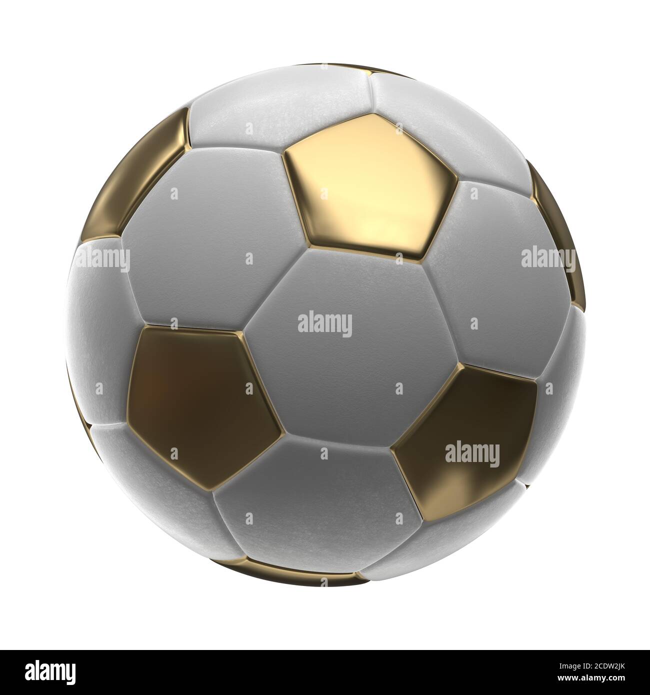 Golden Pallone da calcio isolati su sfondo bianco 3d illustrazione Foto Stock