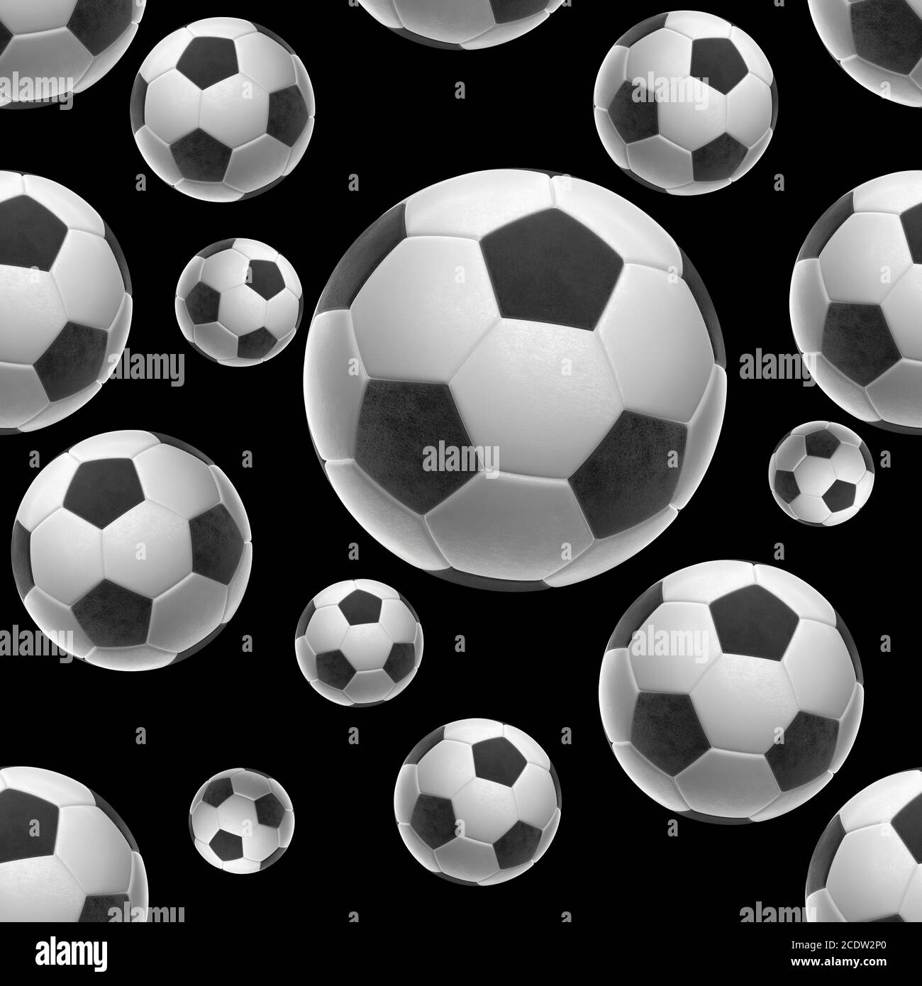 Soccer-sfere isolati su sfondo nero seamless pattern 3d illustrazione Foto Stock