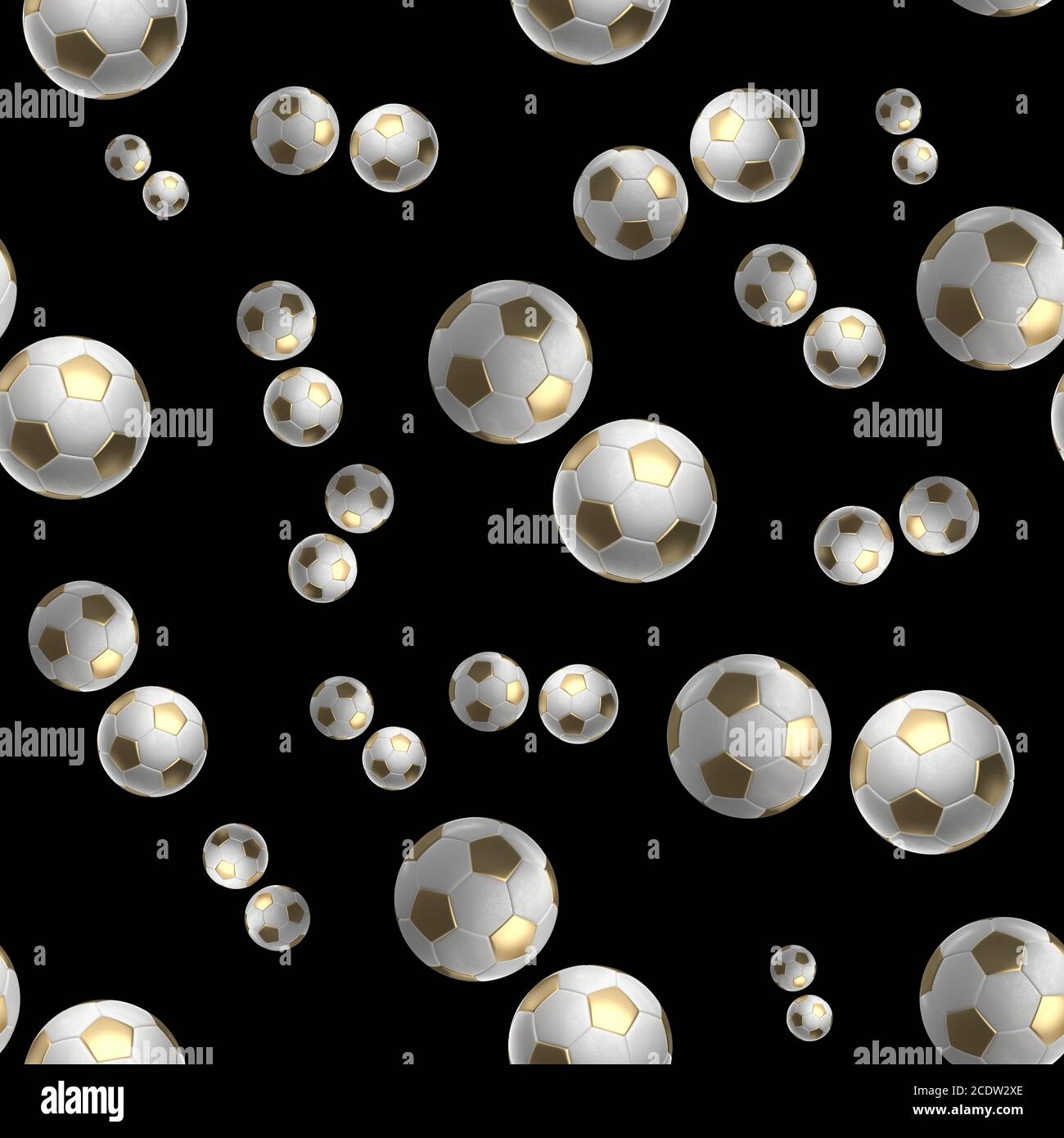 sfere Golden Soccer isolate su sfondo nero disegno senza giunture illustrazione 3d Foto Stock