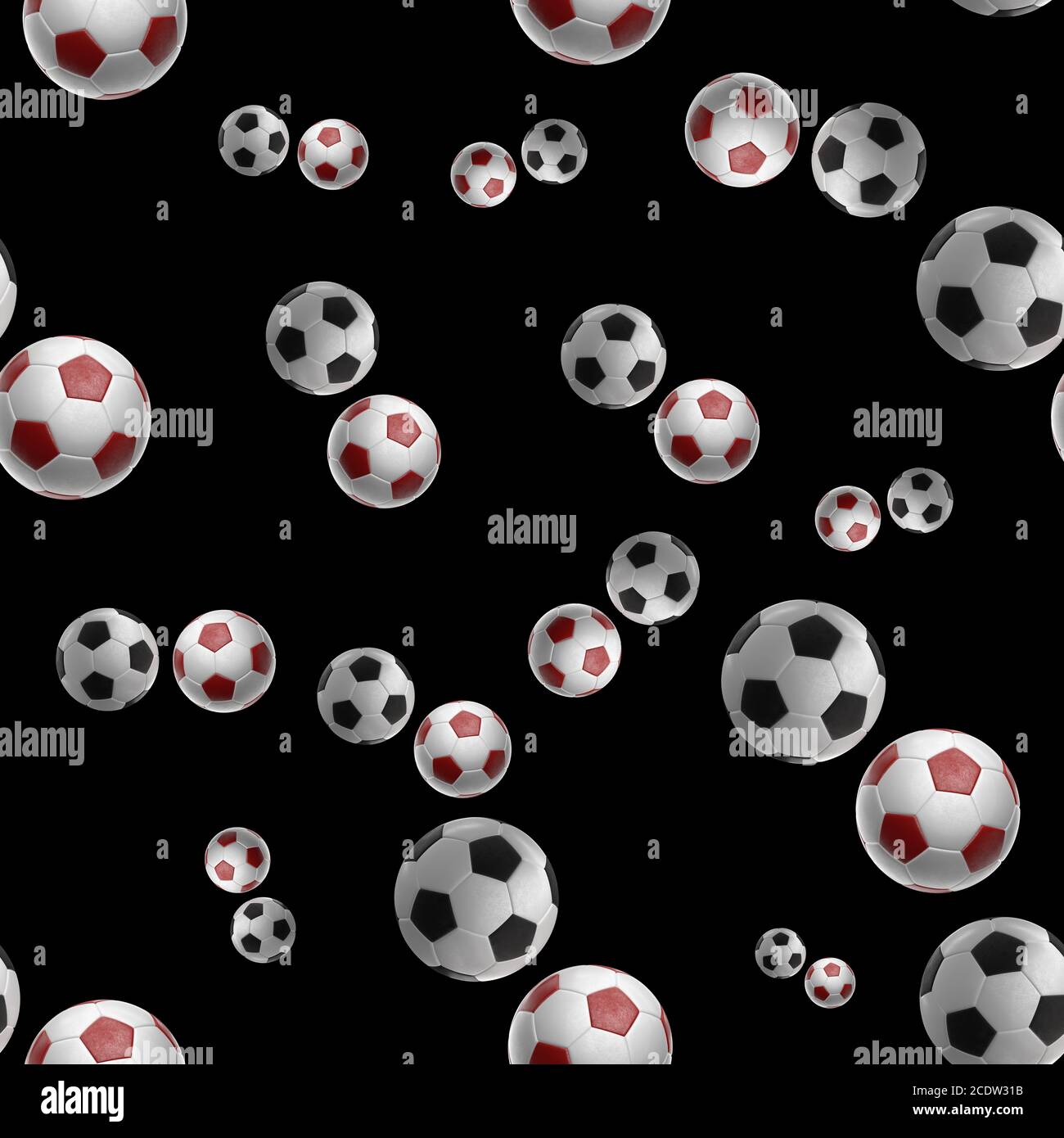 Palline da calcio rosse isolate su sfondo nero disegno senza cuciture illustrazione 3d Foto Stock