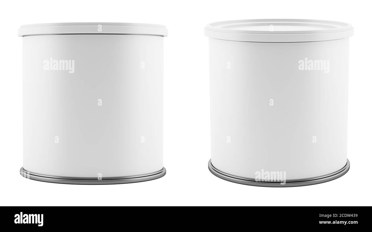 lattina in metallo vergine con coperchio in plastica bianca isolato sfondo bianco Foto Stock
