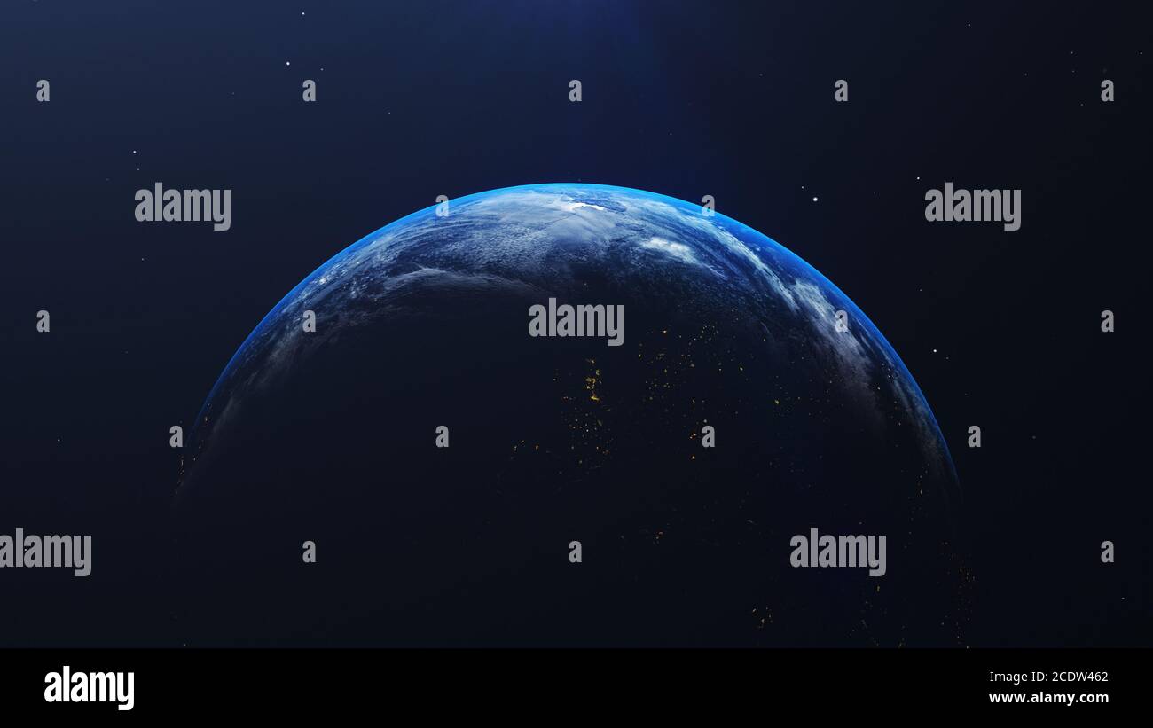 Terra nello spazio con un'alba splendente in universo e sfondo galassico. Concetto di ambiente naturale e mondiale. Scienza e mondo. Fantasia cielo atmo Foto Stock