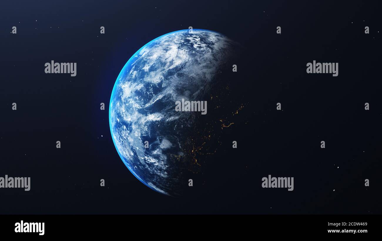 Terra nello spazio con un'alba splendente in universo e sfondo galassico. Concetto di ambiente naturale e mondiale. Scienza e mondo. Fantasia cielo atmo Foto Stock