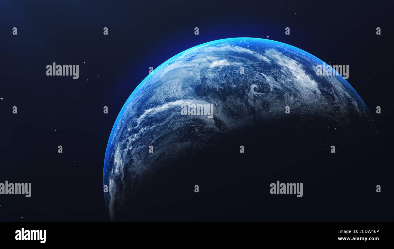 Terra nello spazio con un'alba splendente in universo e sfondo galassico. Concetto di ambiente naturale e mondiale. Scienza e mondo. Fantasia cielo atmo Foto Stock