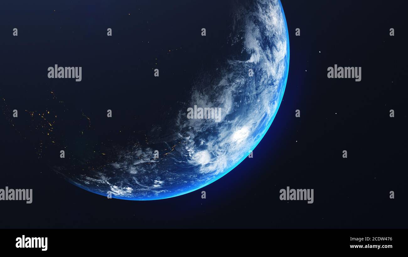 Terra nello spazio con un'alba splendente in universo e sfondo galassico. Concetto di ambiente naturale e mondiale. Scienza e mondo. Fantasia cielo atmo Foto Stock