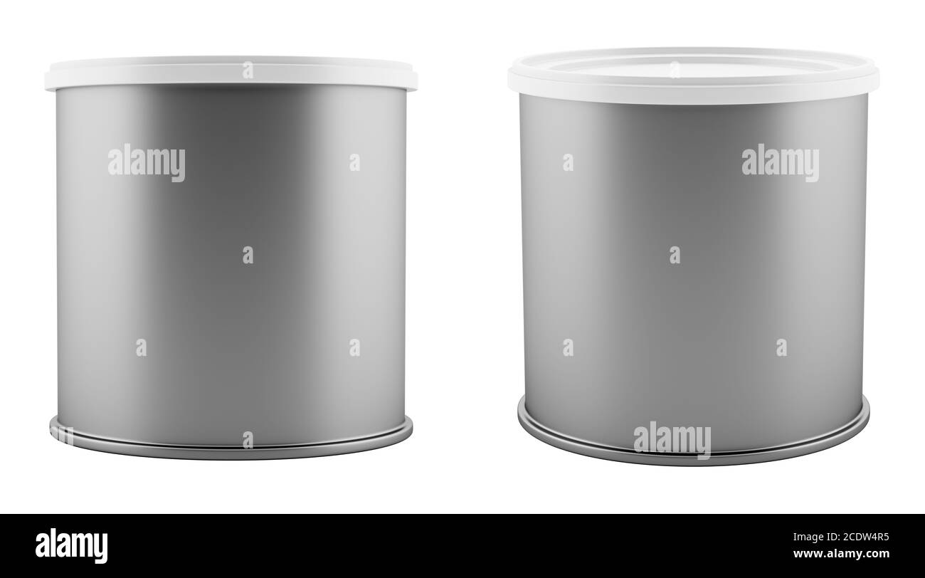 lattina in metallo vergine con coperchio in plastica bianca isolato sfondo bianco Foto Stock