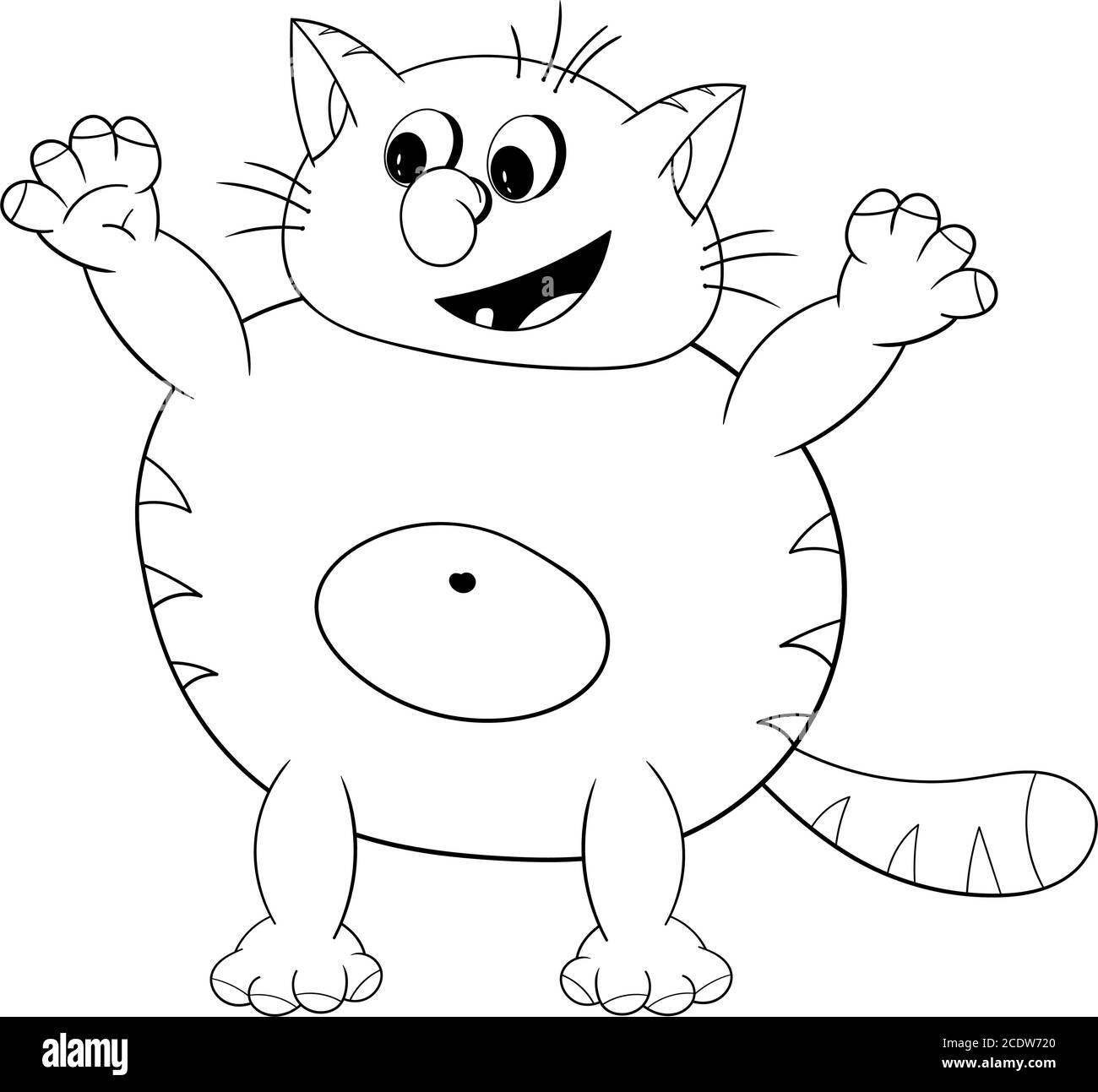 Divertente cartoon grasso gatto sorride e ondeggia le sue zampe. Colorazione in bianco e nero. Illustrazione Vettoriale