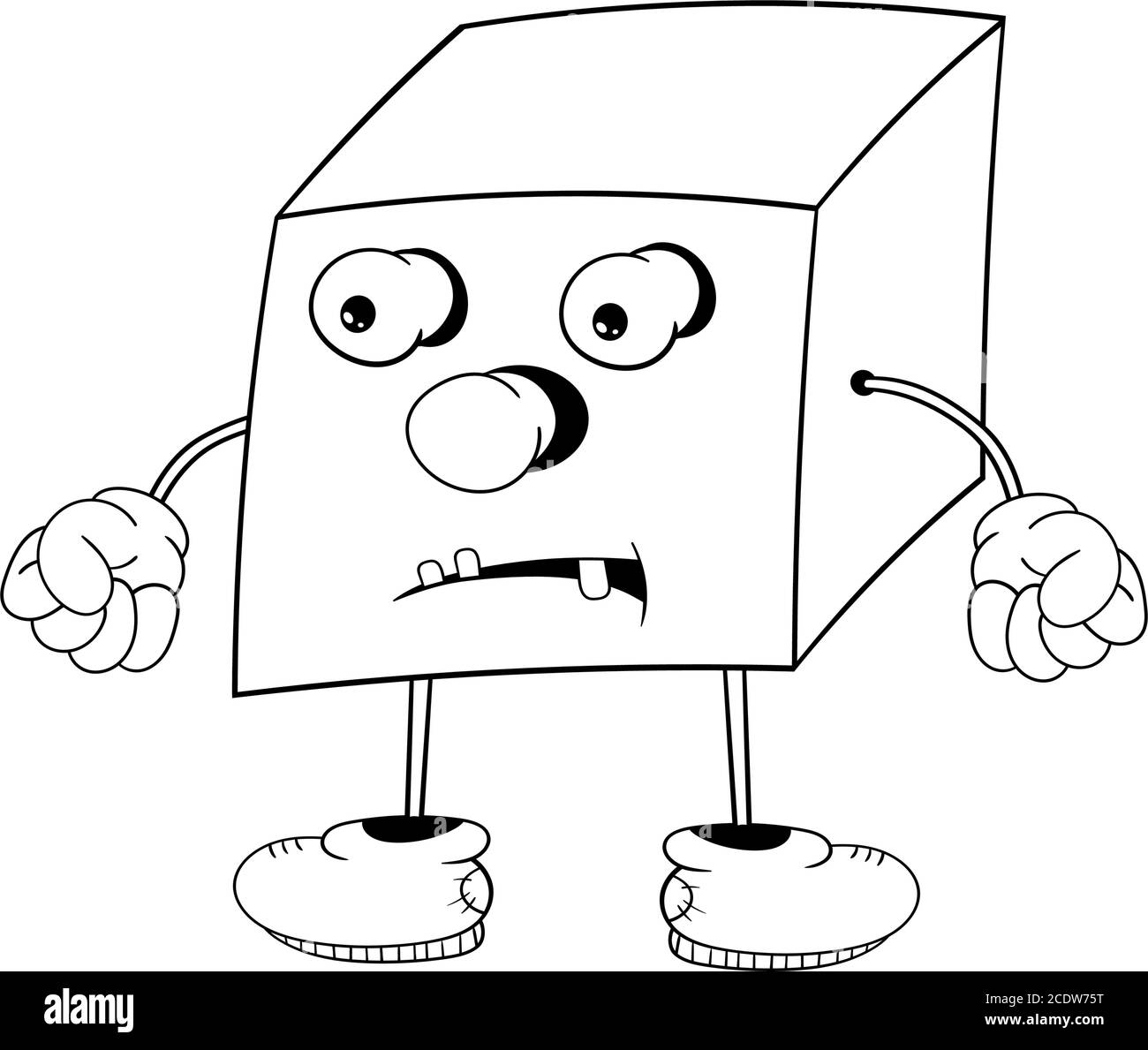 Divertente cubo cartoon con occhi, braccia e gambe, dimostra le emozioni della rabbia e clenches pugni. Colorazione in bianco e nero. Illustrazione Vettoriale