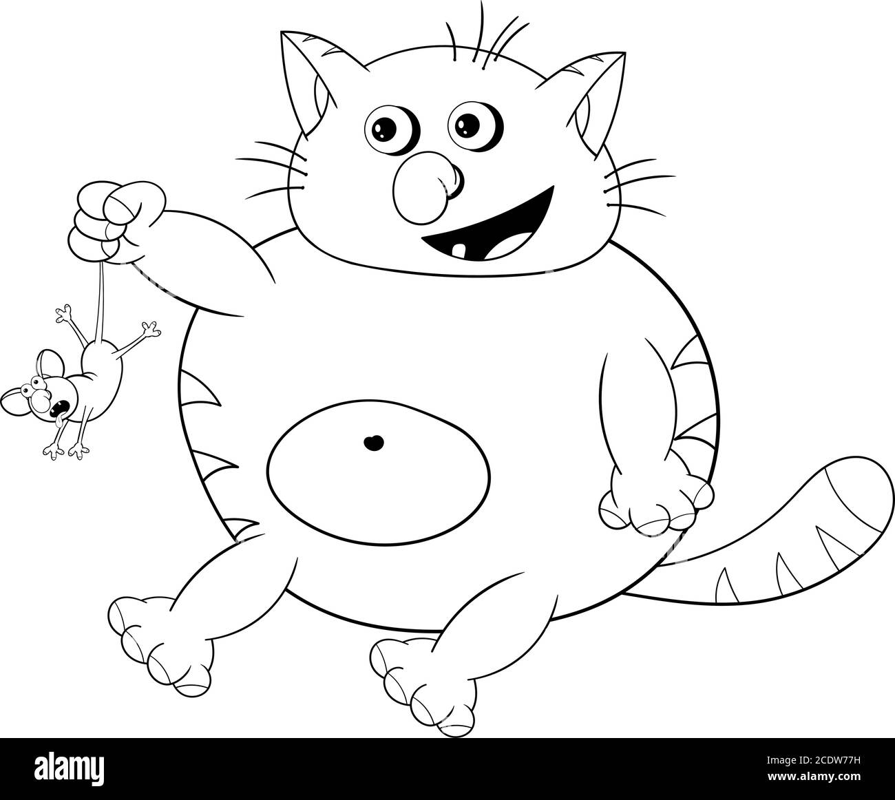 Divertente cartoon gatto grasso si siede, sorride e tiene un piccolo mouse dalla coda. Colorazione in bianco e nero. Illustrazione Vettoriale
