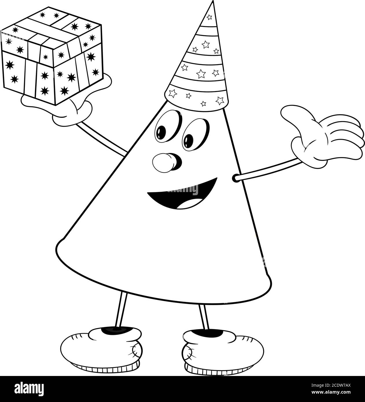 Un cono divertente in un cappellino festivo tiene una confezione regalo in mano e sorride. Colorazione divertente nello stile dei fumetti Illustrazione Vettoriale