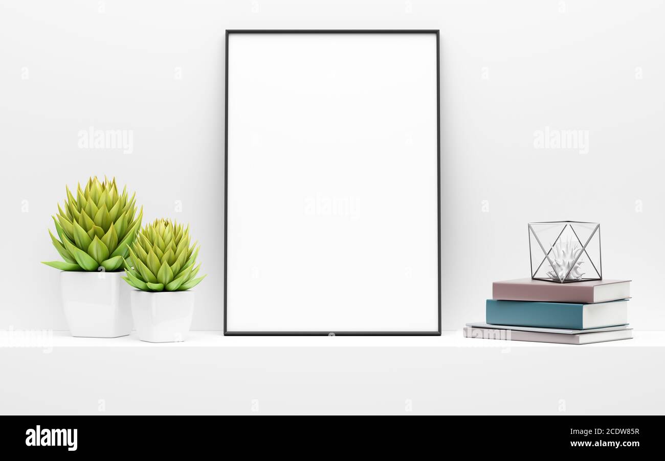 cornice nera mock up e piante in vaso verde su ripiano bianco Foto Stock