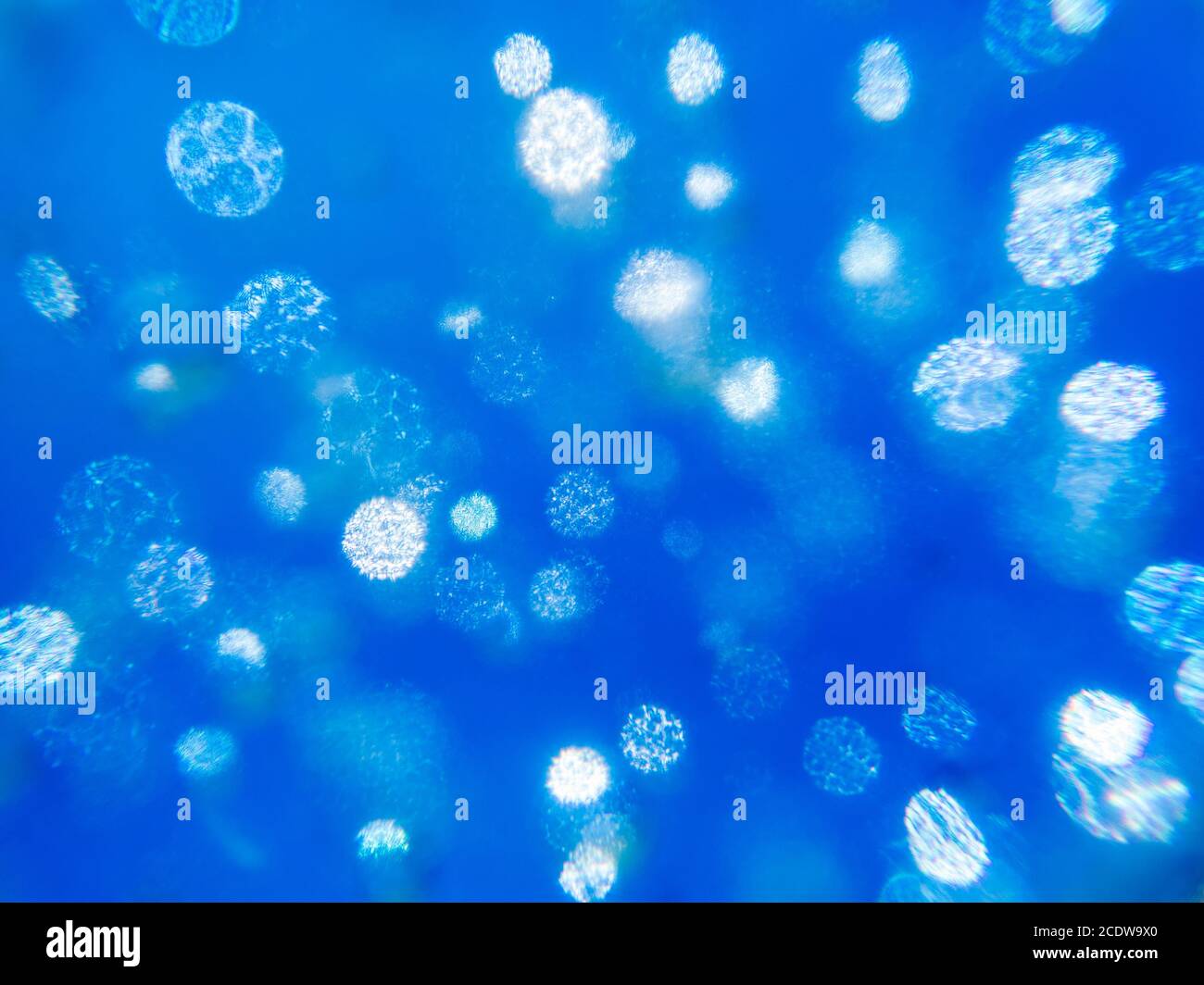 Motivi di luce creati da bolle all'interno del vetro blu Foto Stock