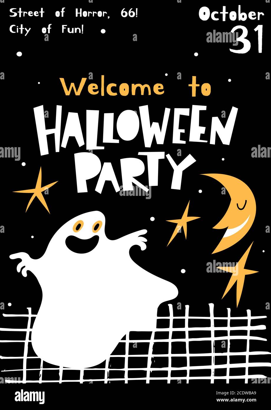 Vettore Benvenuti a Halloween party poster in stile cartoon piatto Illustrazione Vettoriale