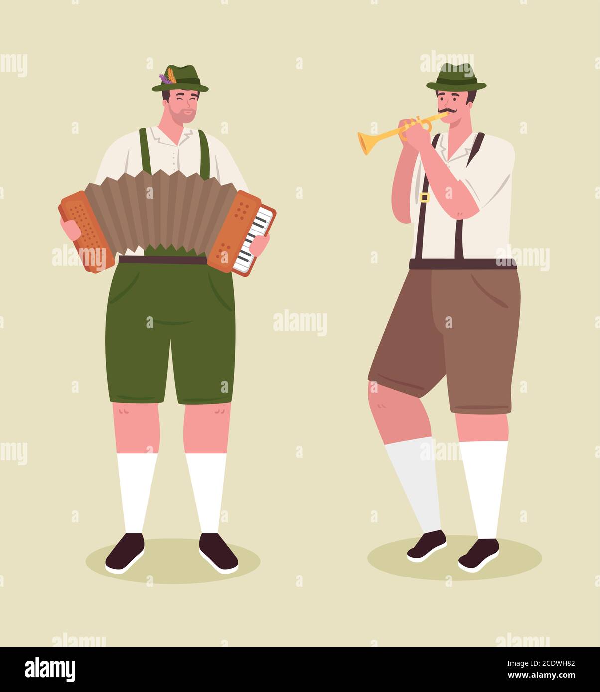 cartoni animati oktoberfest men con fisarmonica tradizionale in tessuto e vettore tromba design Illustrazione Vettoriale
