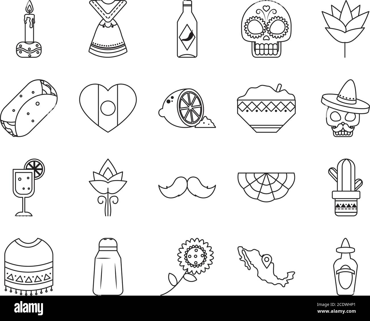 set di icone di poncho messicano e messico su sfondo bianco, stile linea, illustrazione vettoriale Illustrazione Vettoriale