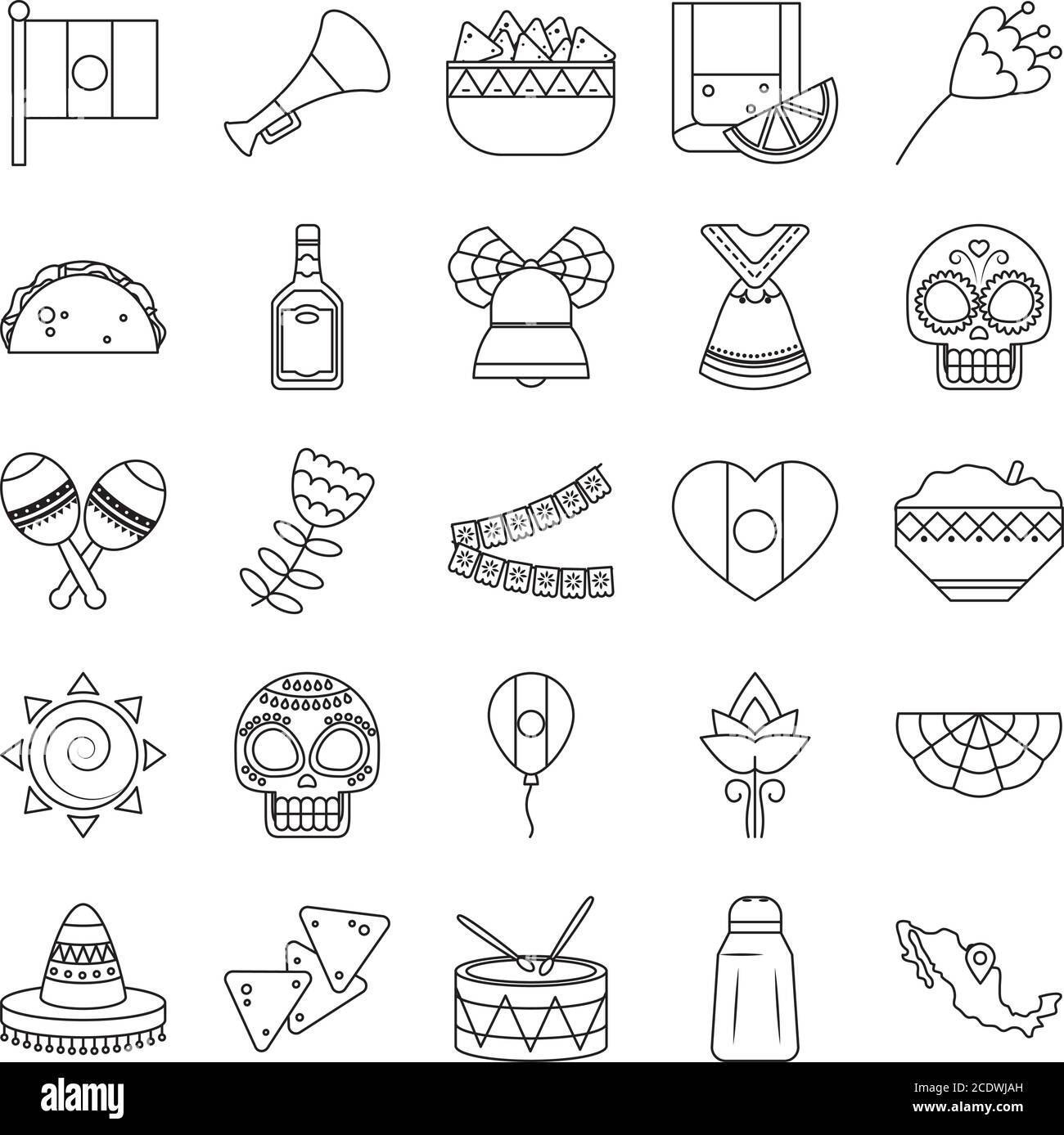 set di icone messicane e nachos su sfondo bianco, stile linea, illustrazione vettoriale Illustrazione Vettoriale