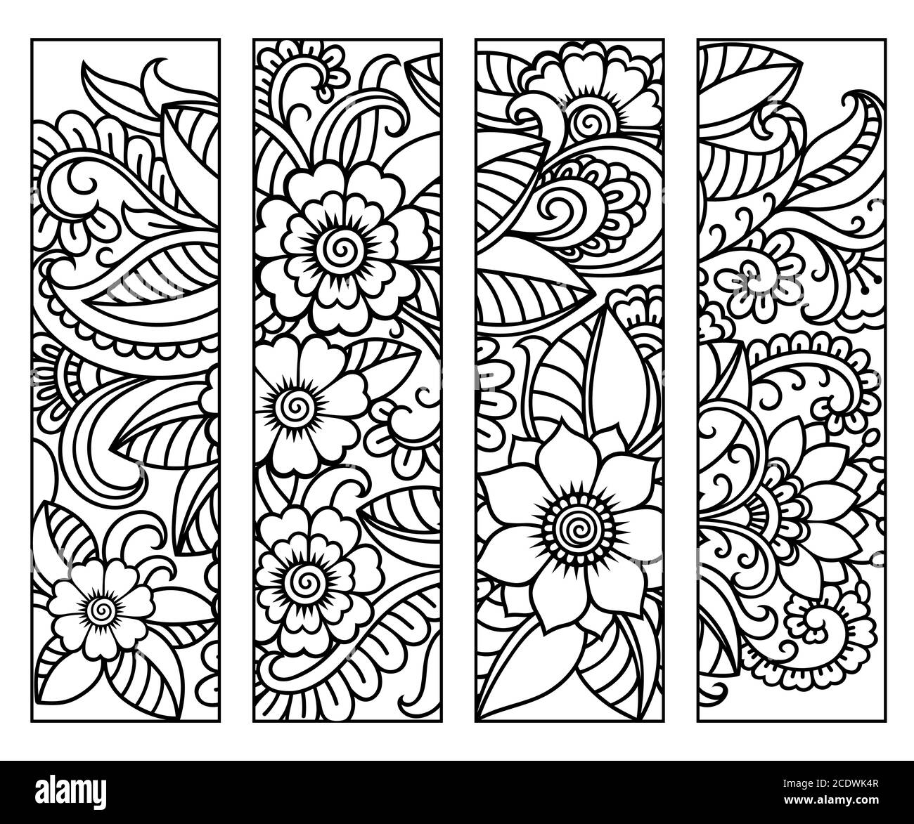 Segnalibro per libro - colorazione. Set di etichette bianche e nere con motivi floreali a forma di doodle, disegno a mano in stile mehndi. Schizzo di ornamenti per la creatività Illustrazione Vettoriale