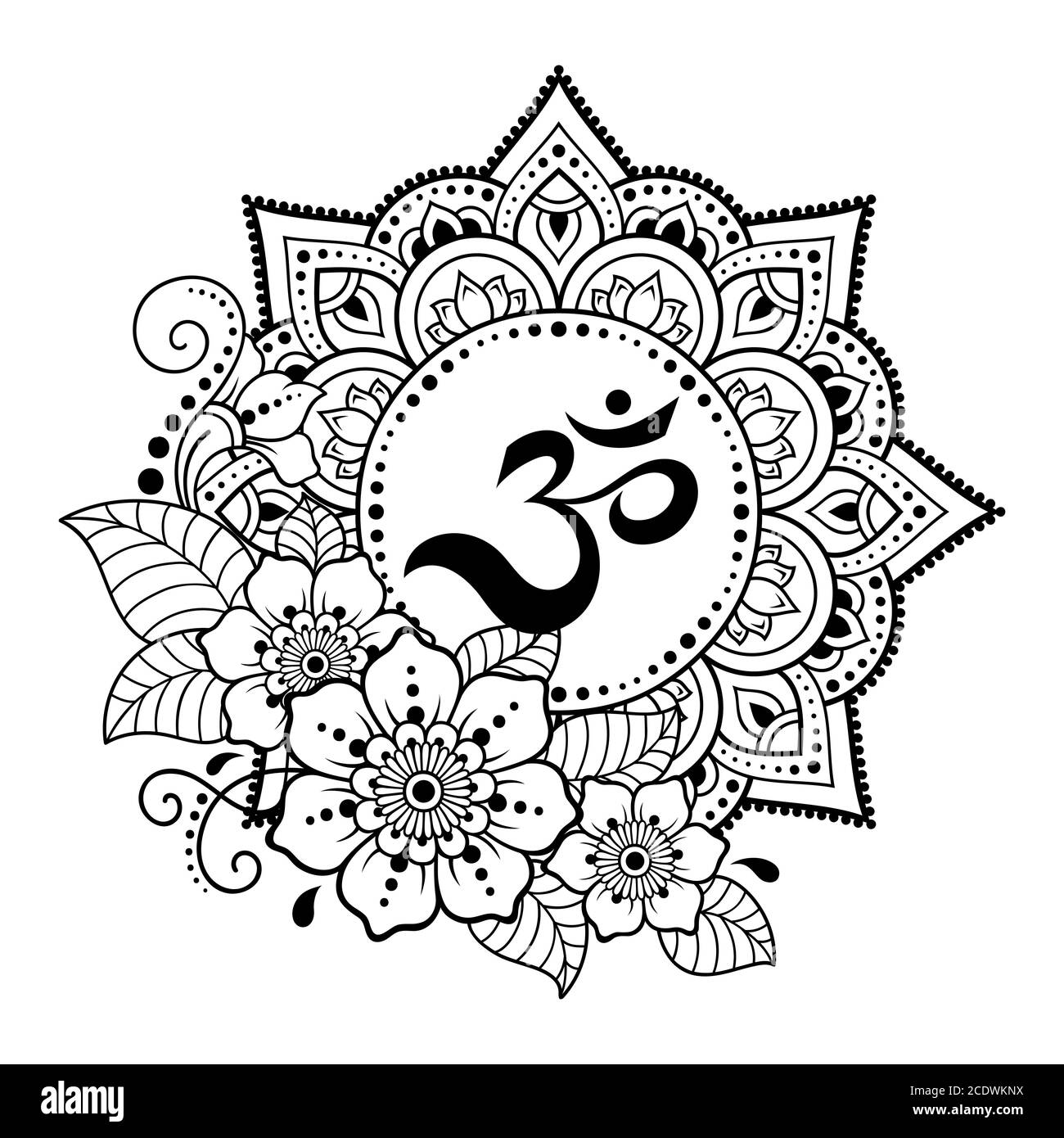 Disegno circolare in forma di mandala per Henna, Mehndi, tatuaggio, decorazione. Ornamento decorativo in stile orientale con antico mantra indù OM. Contorno Illustrazione Vettoriale