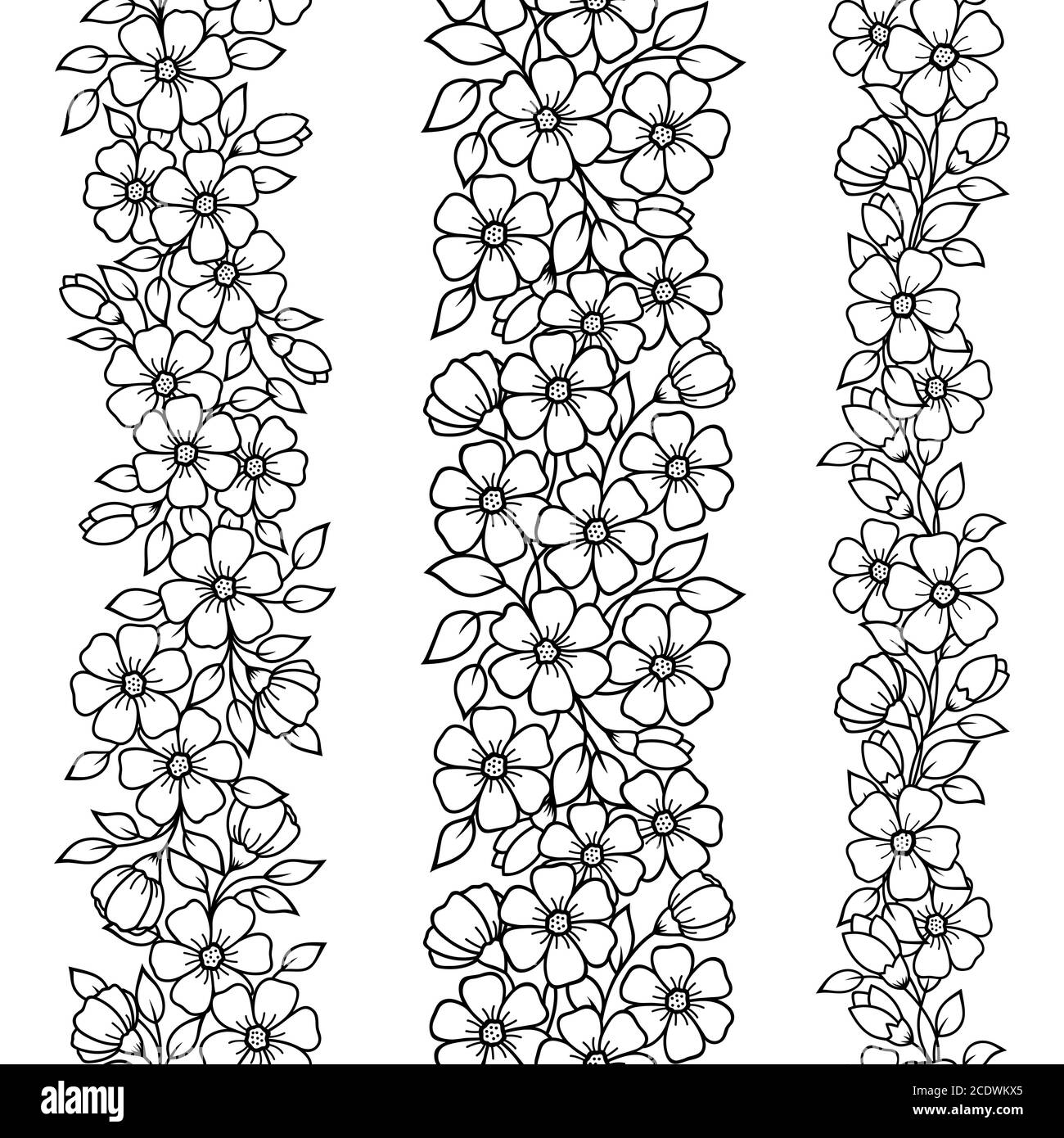 Set di bordi floreali senza cuciture con fiori Sakura. Motivi per decorare, colorare e tatuare. Decorazione in stile etnico orientale, indiano. Doodle Illustrazione Vettoriale