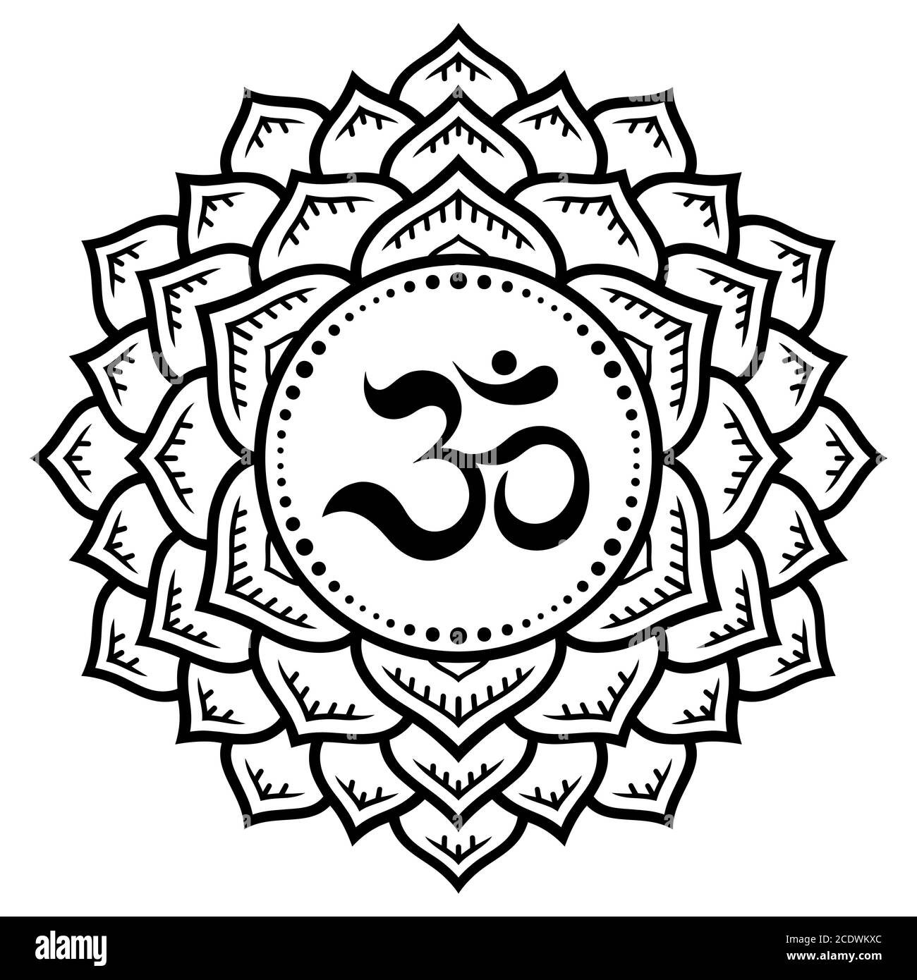 Disegno circolare in forma di mandala per Henna, Mehndi, tatuaggio, decorazione. Ornamento decorativo in stile orientale con antico mantra indù OM. Contorno Illustrazione Vettoriale