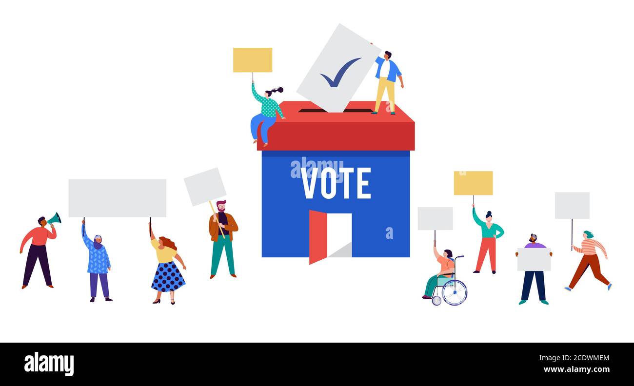 Gruppo di persone, camminando con bandiere alle elezioni. Folla di donne e uomini in una dimostrazione. Concetto di campagna elettorale, vettore di tema di voto Illustrazione Vettoriale