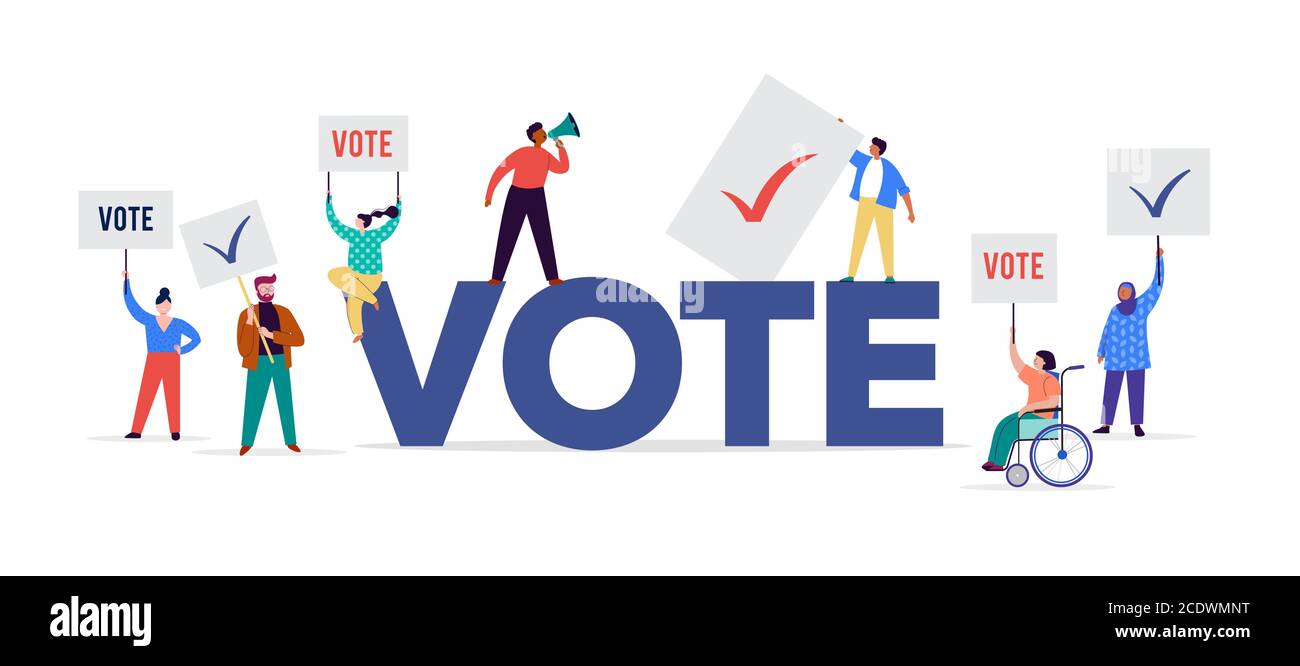 Gruppo di persone, camminando con bandiere alle elezioni. Folla di donne e uomini in una dimostrazione. Concetto di campagna elettorale, vettore di tema di voto Illustrazione Vettoriale