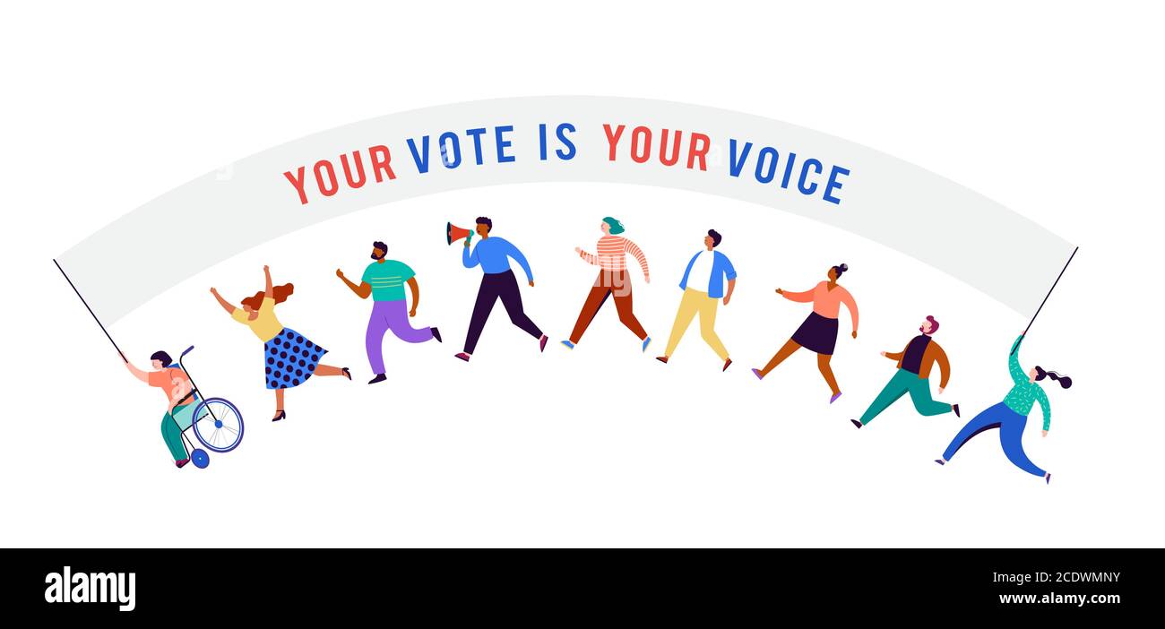 Gruppo di persone, camminando con bandiere alle elezioni. Folla di donne e uomini in una dimostrazione. Concetto di campagna elettorale, vettore di tema di voto Illustrazione Vettoriale
