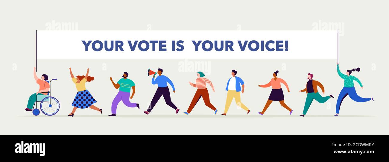 Gruppo di persone, camminando con bandiere alle elezioni. Folla di donne e uomini in una dimostrazione. Concetto di campagna elettorale, vettore di tema di voto Illustrazione Vettoriale