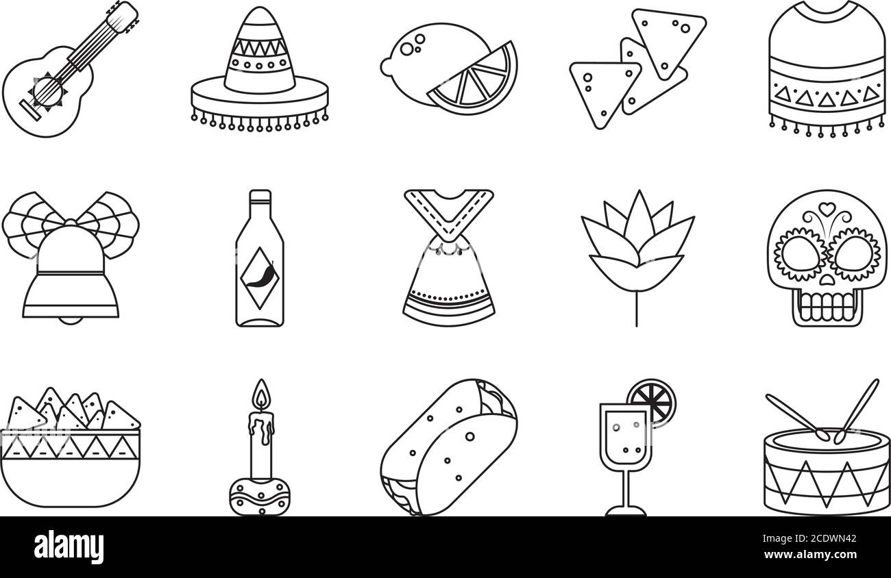 set di icone di messicano e zucchero cranio su sfondo bianco, stile linea, illustrazione vettoriale Illustrazione Vettoriale