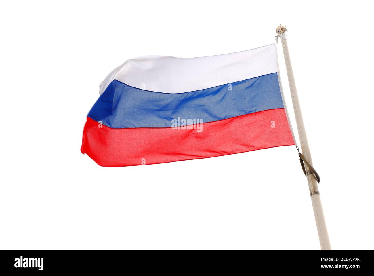 Vista ravvicinata di una bandiera assaltata della federazione Riussiana isolata su sfondo bianco. Foto Stock