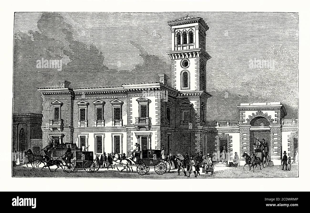 Una vecchia incisione del 1840 di London Bridge Station, Borough, Londra, Inghilterra, Regno Unito. È stato aperto nel 1836, il che lo rende il più antico capolinea ferroviario di Londra ancora utilizzato. La stazione fu originariamente aperta dalla London e dalla Greenwich Railway come capolinea locale. Successivamente servì la ferrovia di Londra e Croydon, la ferrovia di Londra e Brighton e la ferrovia sud-orientale, diventando un'importante stazione di Londra. Questa incisione mostra il progetto della stazione ricostruita, completata nel 1849. I lavori di ricostruzione hanno avuto luogo nuovamente nel 1864 per fornire più servizi e aumentare la capacità. Foto Stock