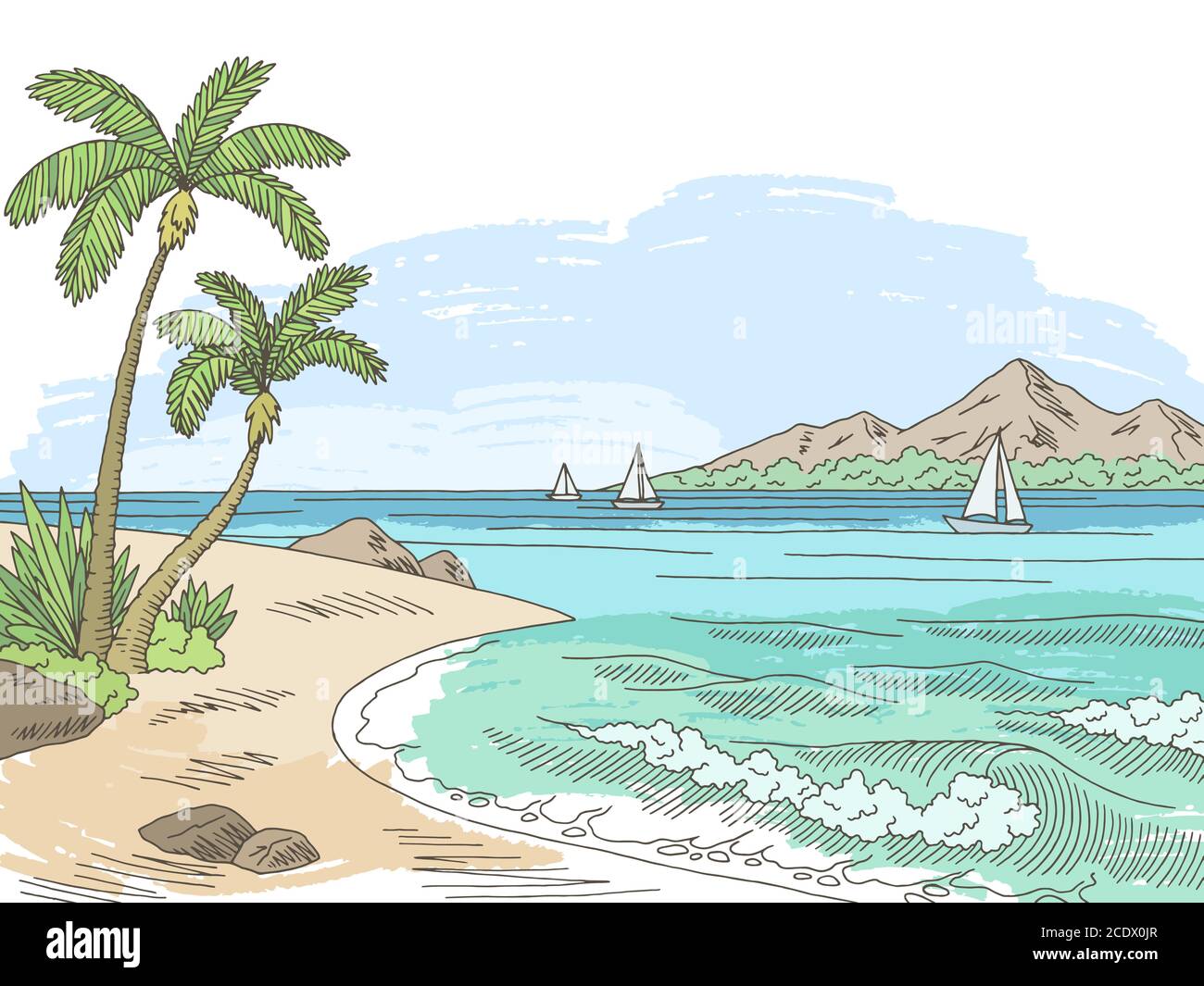 Sea Bay Coast grafico colore paesaggio schizzo Seascape illustrazione vettore Illustrazione Vettoriale
