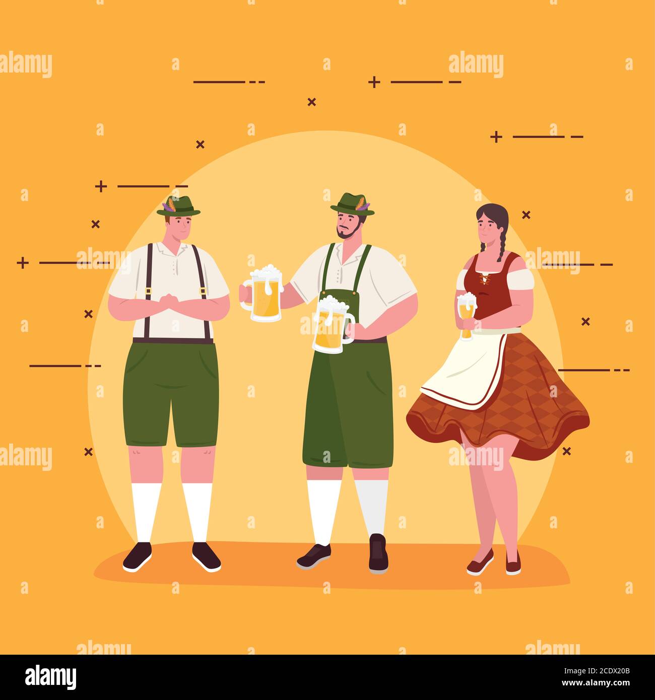 cartoni animati oktoberfest uomini e donne con stoffa tradizionale e birra disegno vettoriale Illustrazione Vettoriale