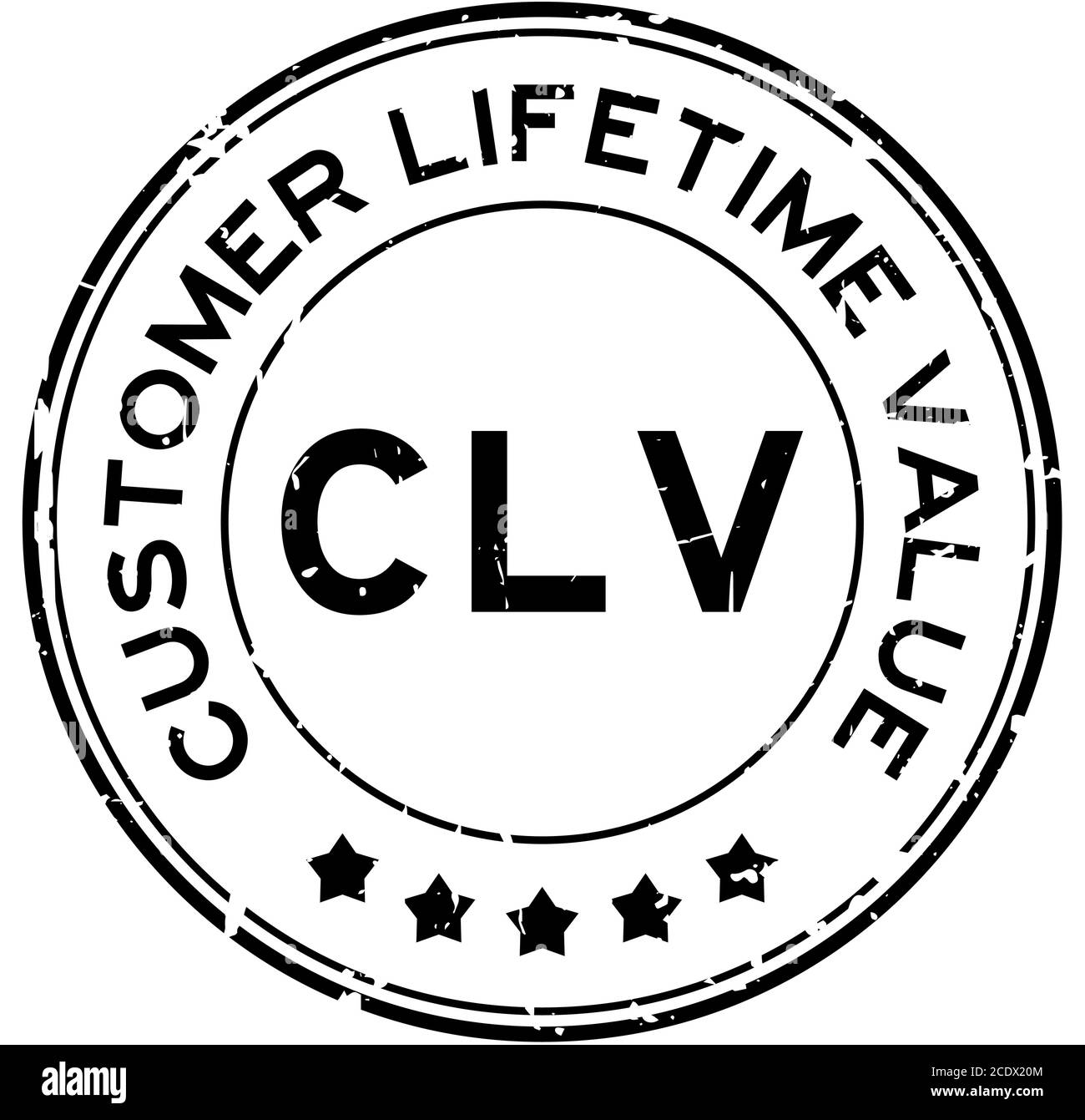 Grunge nero CLV valore per tutta la vita del cliente parola guarnizione in gomma rotonda timbro su sfondo bianco Illustrazione Vettoriale