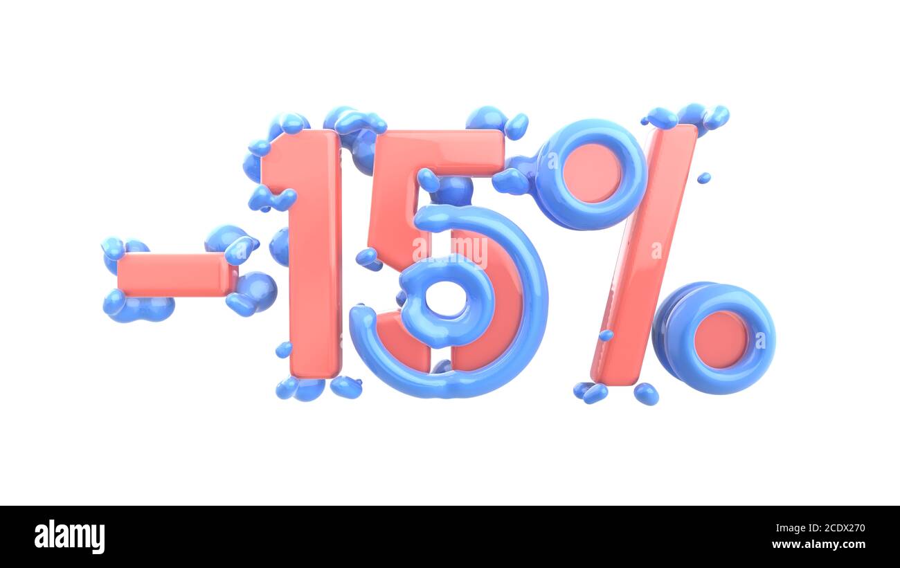 Il segno di -15off. Fatta di coralli viventi rosa e blu per isolare il materiale su sfondo bianco. 3d illustrazione Foto Stock