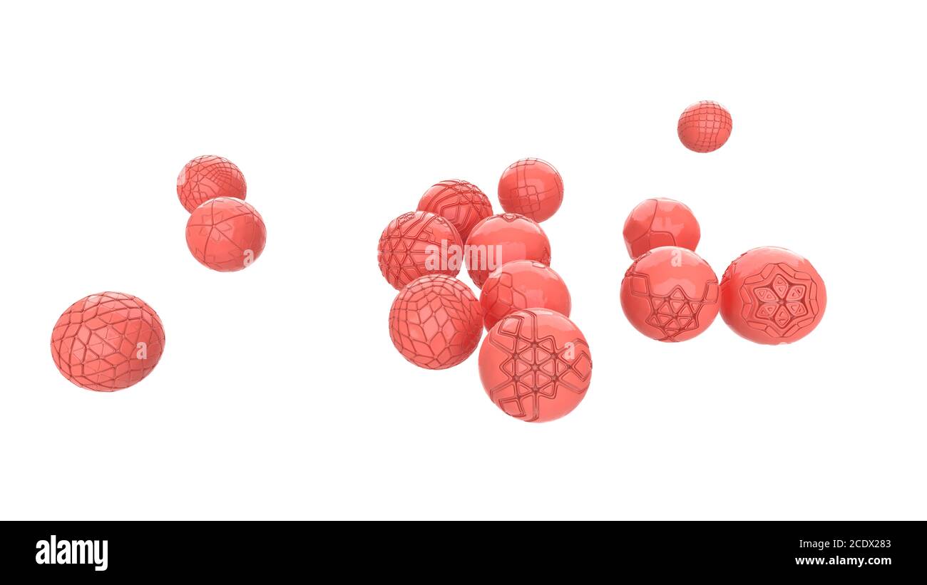 sfere di colore corallo vivo rosa volante ad alta tecnologia. Sfondo astratto con forme geometriche 3d. Design moderno della copertura. Banner annunci te Foto Stock