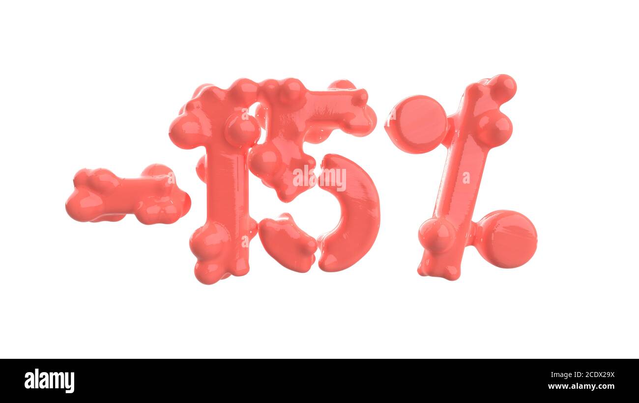 Il segno di -15off. Fatti di vita rosa corallo isolare il materiale su sfondo bianco. 3d illustrazione Foto Stock