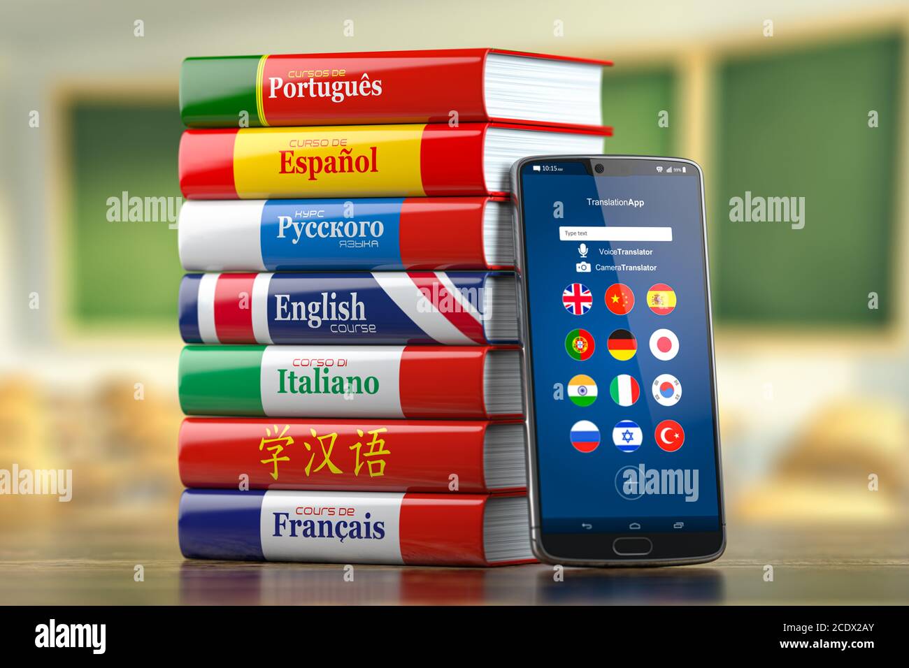 Dizionario mobile, traduttore e e-learning.concept . Imparare le lingue online. Smartphone e libri con corsi di lingua. illustrazione 3d Foto Stock