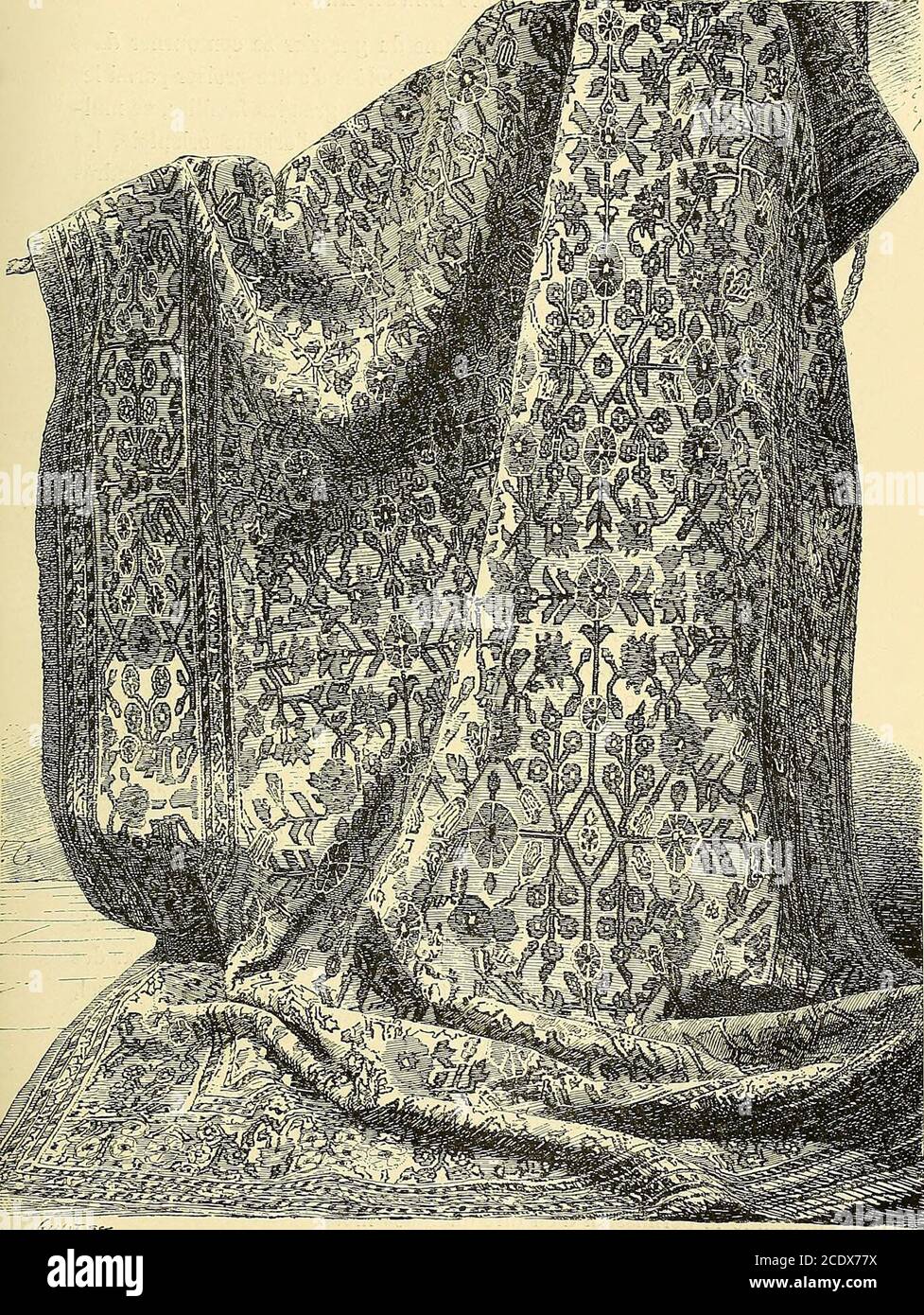 . Gazette des beaux-Arts . héraldique evient. CE nest toutefoisque pour les ouvrages postérieurs au xiii siècle que ce doute peutnaîtie, car cest alors seulement que le système des armoiries a étéadopté... Au xiv^ siècle, les tissus à inscriptions pseudo-arabes devien-nent fréquents et témoignent de laccroissement des ouvriers chrétiensdans les ateliers; puis lItalie, se livrant à ses tendances picturales, vasemer ses soieries de costellations, parmi lesquelles surrations ; au Musée de Cluny, un fragment de voile de fabri-cation florentine, et peut-être du mencem Foto Stock