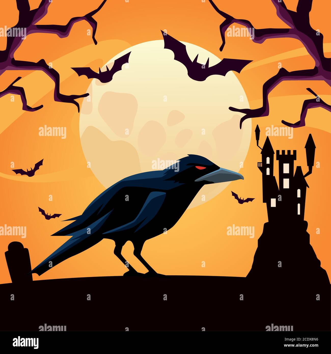 Halloween raven di notte design, vacanza e tema spaventoso illustrazione vettoriale Illustrazione Vettoriale