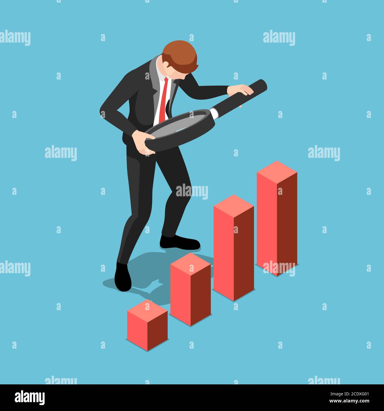 Uomo d'affari isometrico 3d piatto con lente d'ingrandimento per analizzare la finanza grafica. Analisi dei dati e concetto di marketing. Illustrazione Vettoriale